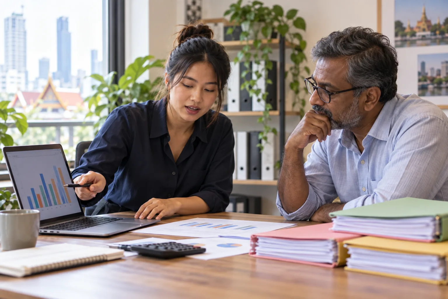 An accountant explains service levels to a client using their actual transaction volumes.