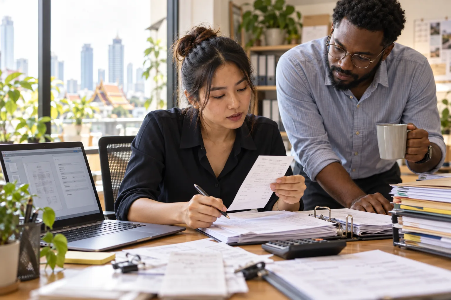 A bookkeeper checks document details extracted by AI against paper vouchers.