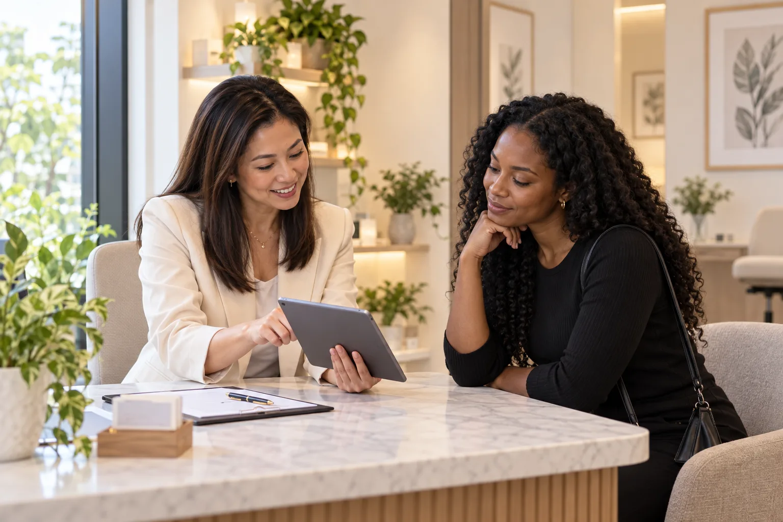 เจ้าของคลินิกกำลังอธิบายแบบฟอร์มขอคำปรึกษาบนแท็บเล็ตให้ผู้สนใจฟัง