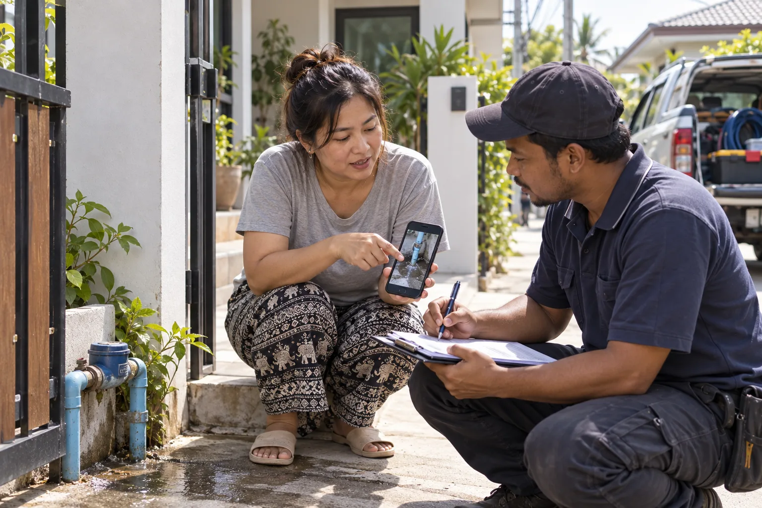 A homeowner shows a repair technician a leak photo while they discuss a quote request.