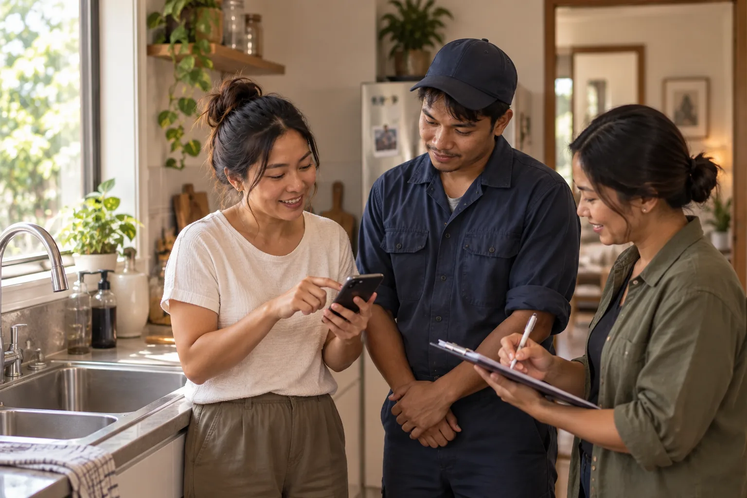A homeowner shares feedback with a repair technician after the service visit.