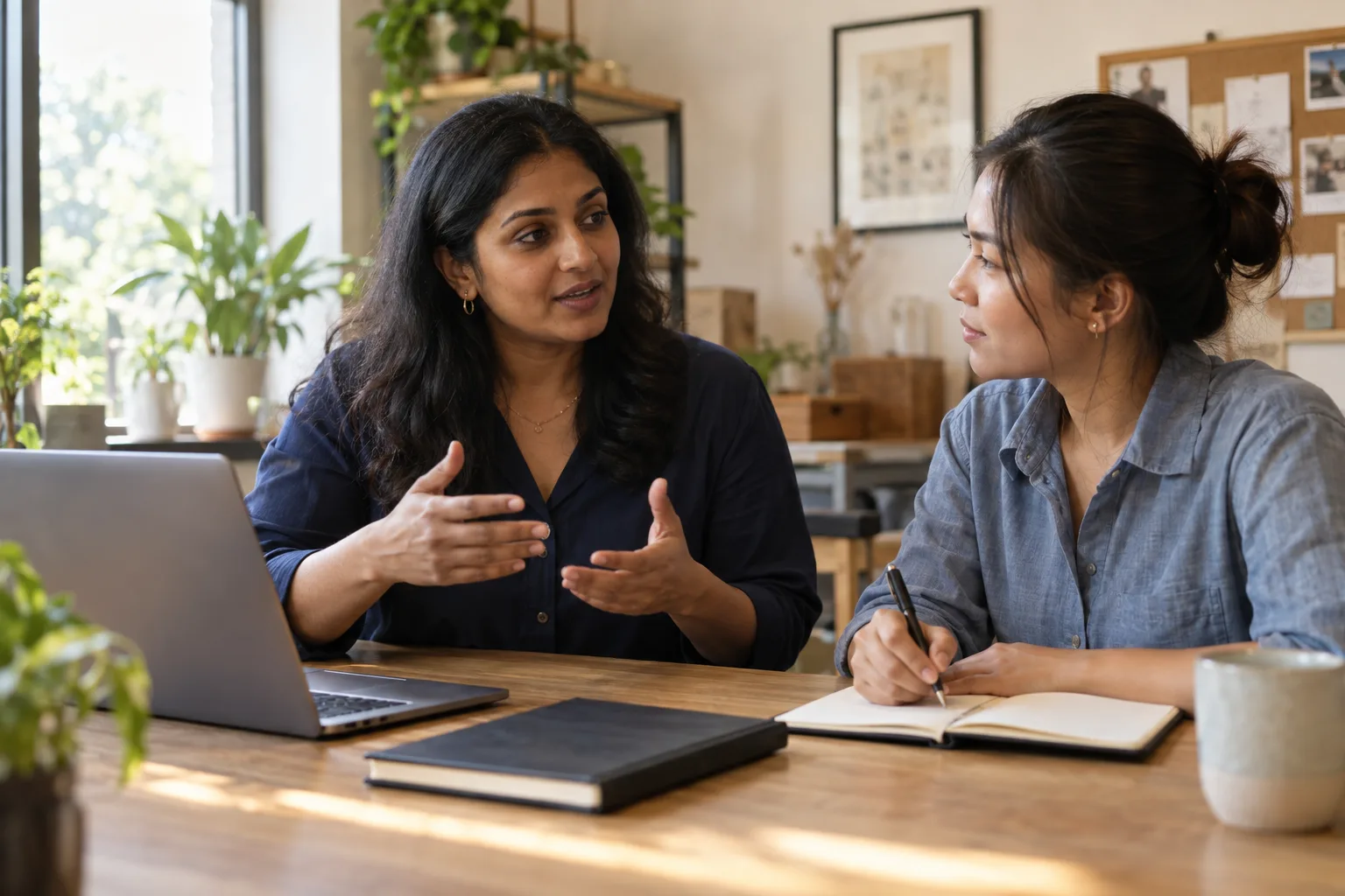 A business owner describing her services while a colleague takes notes.