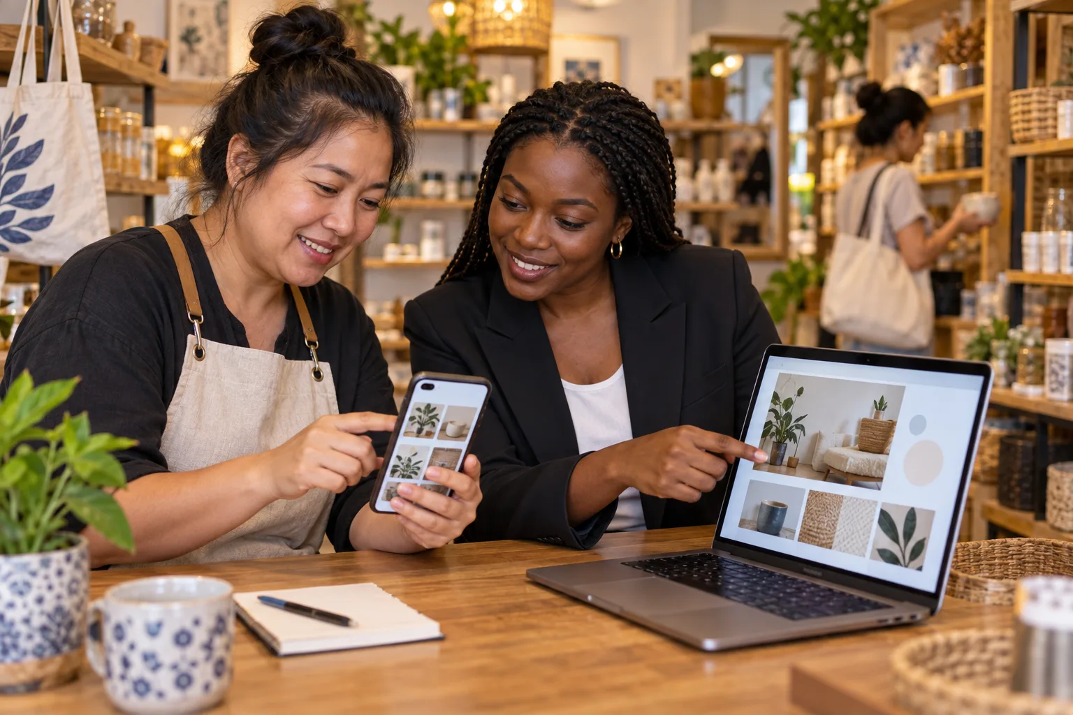 A shop owner and digital advisor compare a social media page with the shop's own website.