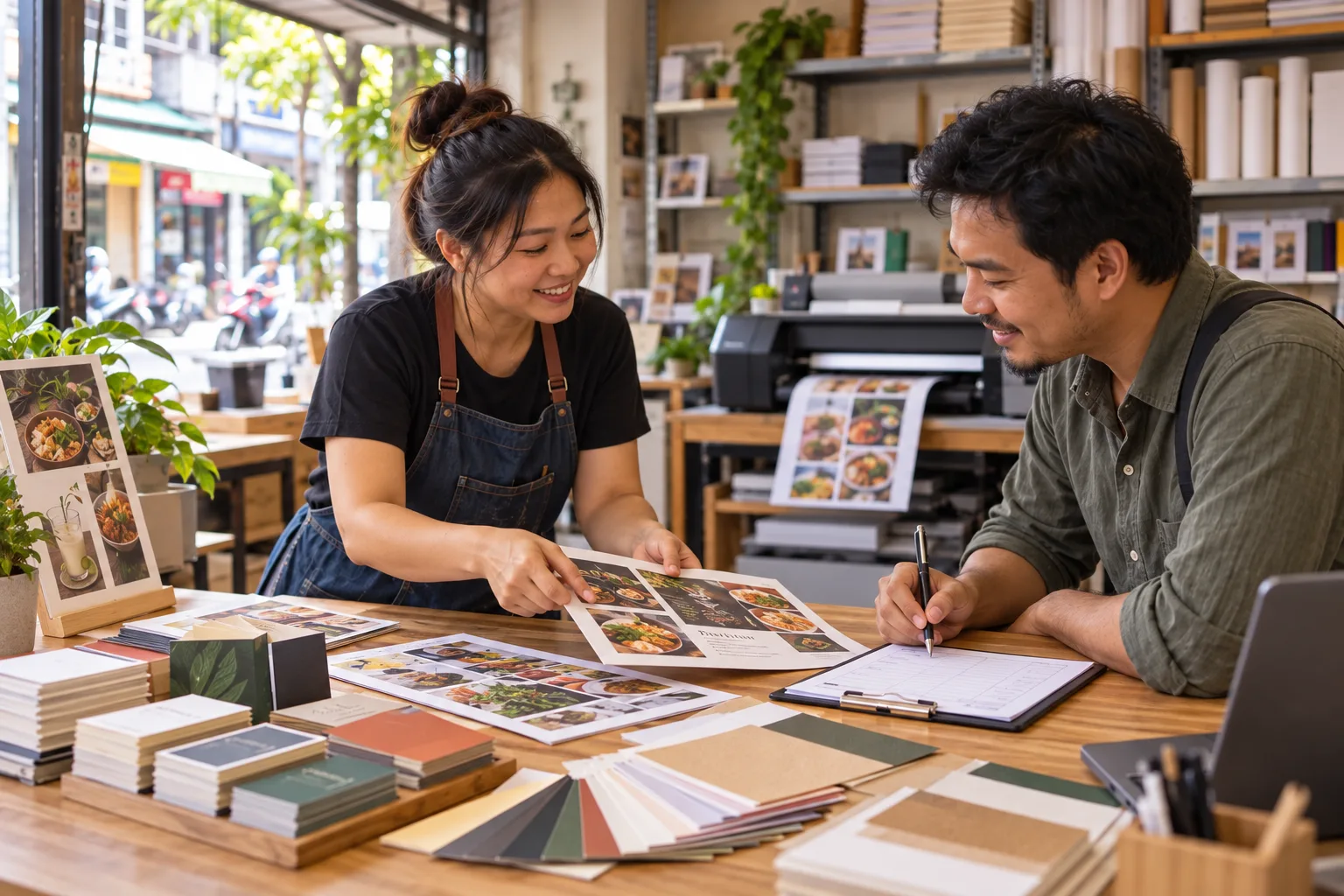 A print-shop owner reviews sample menus and paper choices with a customer.