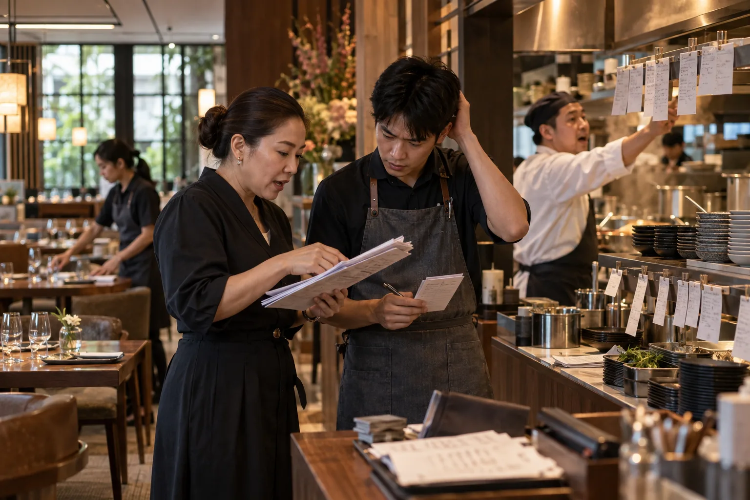 A restaurant owner reviews handwritten orders with a server as the kitchen works behind them.