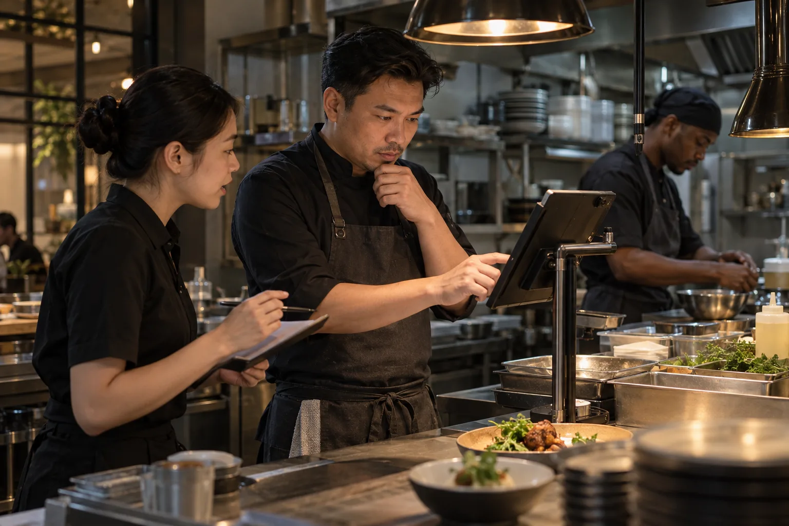 A chef checks a digital order with a server and chooses the cooking sequence himself.