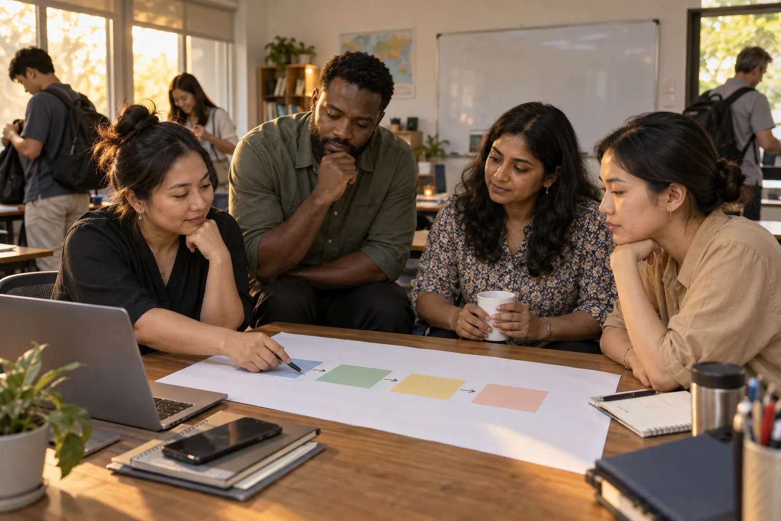 The training-center team reviews its phased learning roadmap after class.