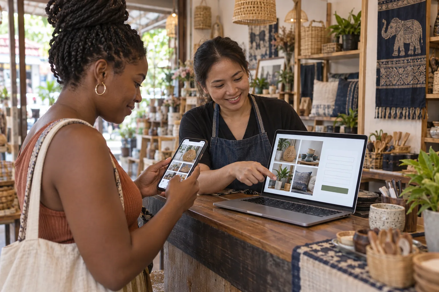 A customer moves from discovering a shop on her phone to asking about a product on its website.