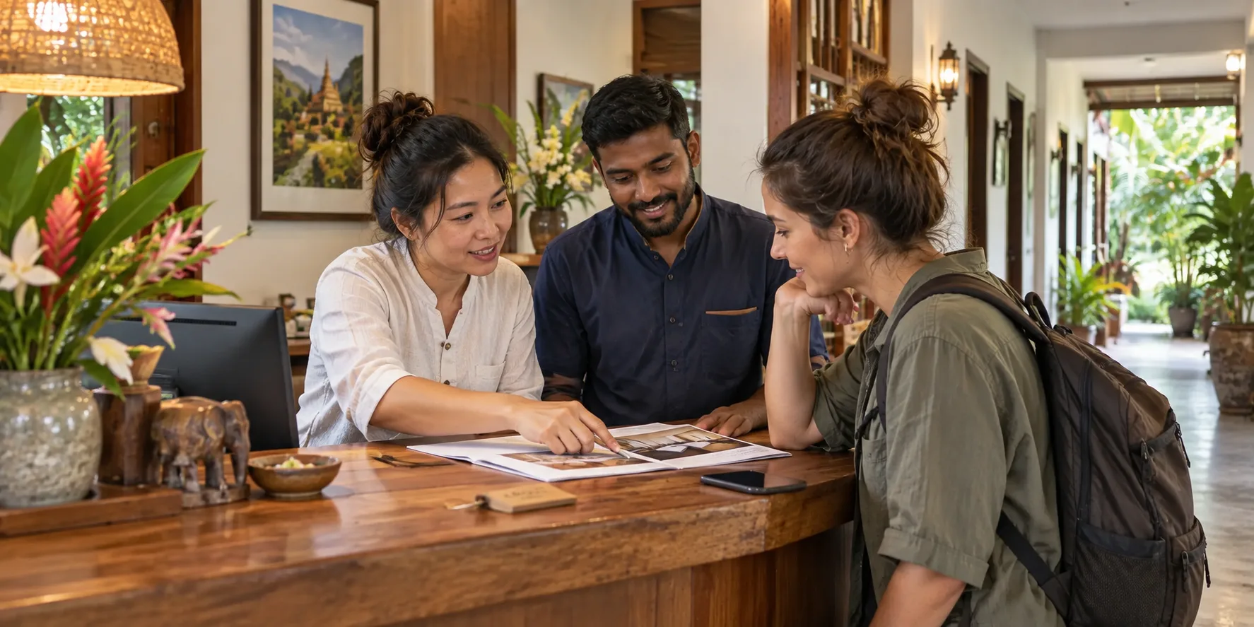 Hotel staff help a traveler review room choices and direct booking information at reception.