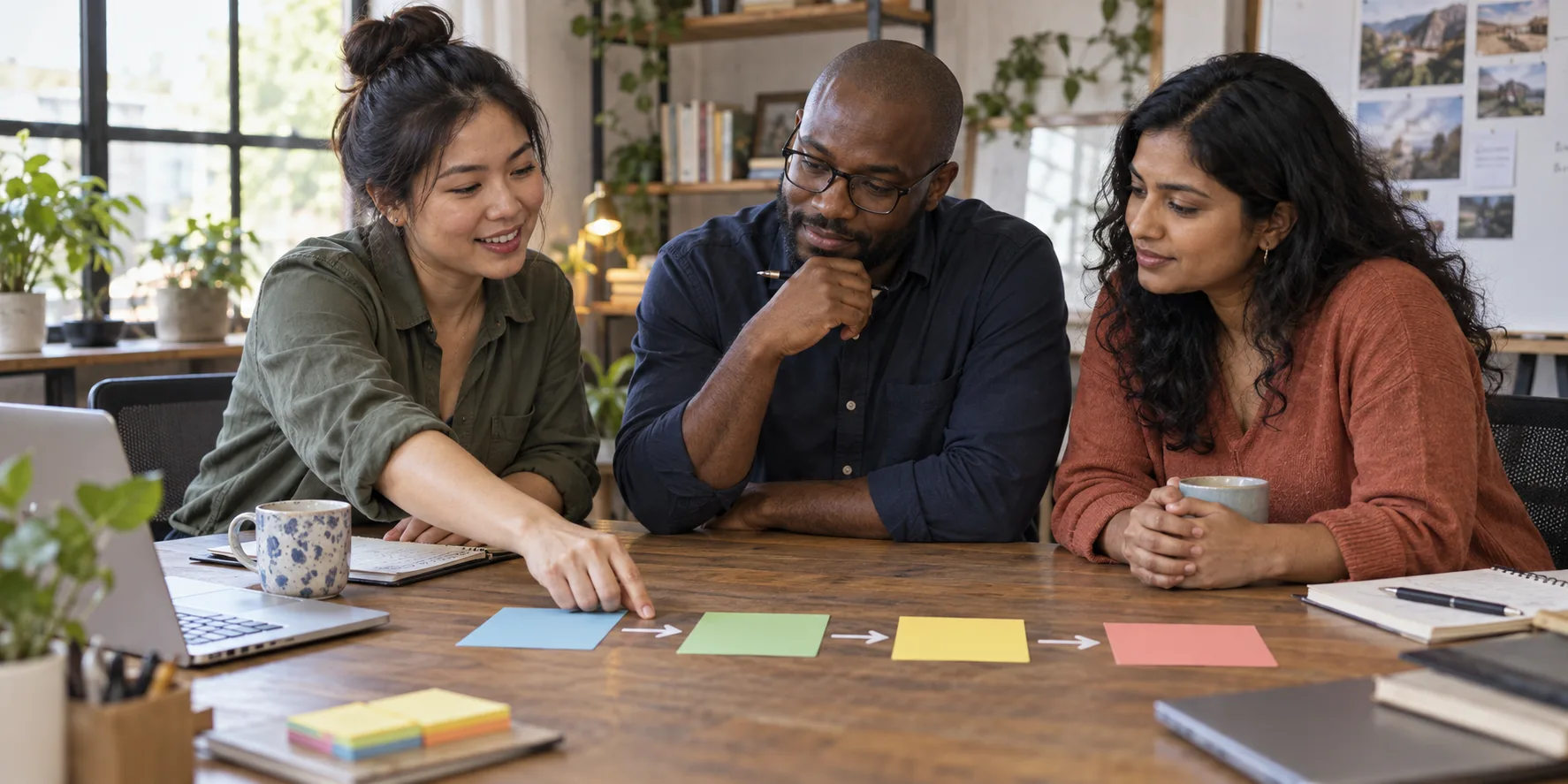 A business owner, technical advisor, and operations lead review a phased digital roadmap.