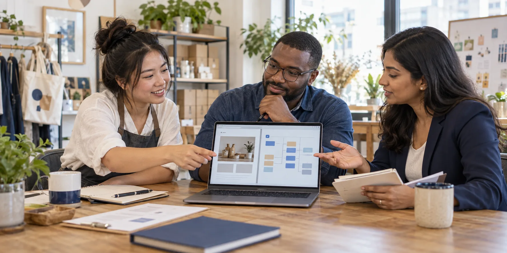 A small-business team reviews a website and practical workflow improvements.
