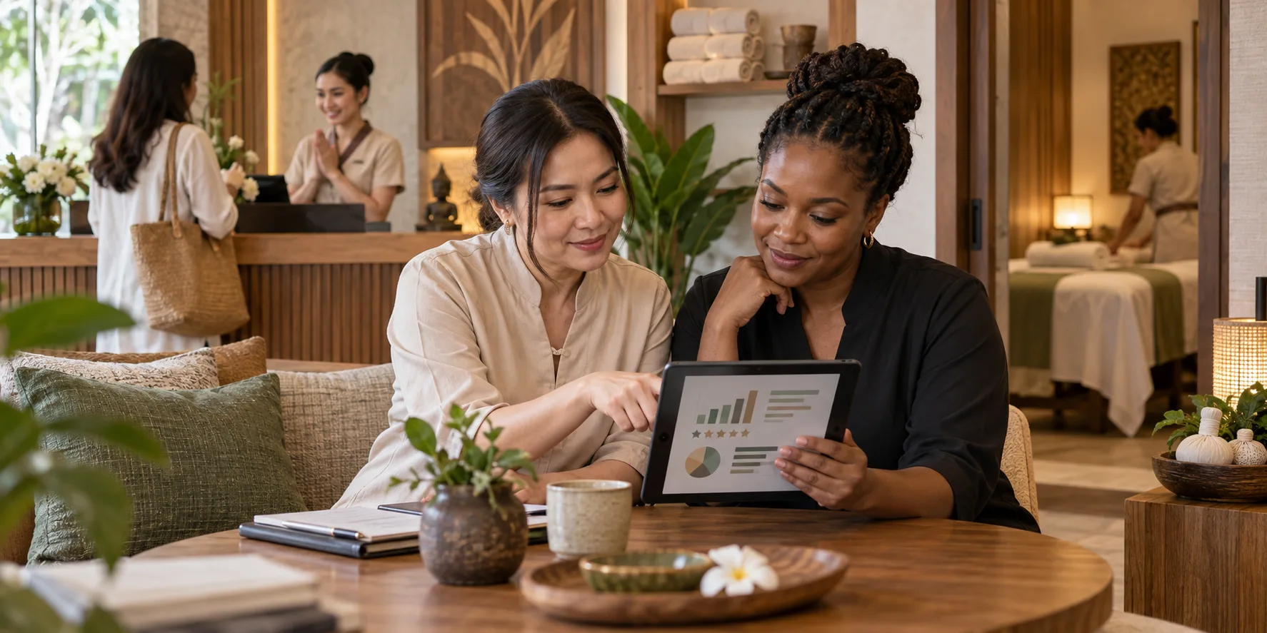 A spa-chain owner and operations lead review customer feedback across branches.